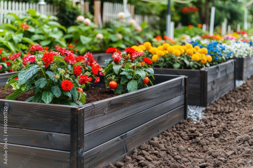 A row of wooden planters with a variety of flowers and plants in them A row of wooden planters with a variety of flowers and plants in them
