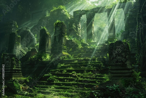 Sunbeams Illuminate a Moss-Covered Jungle Temple