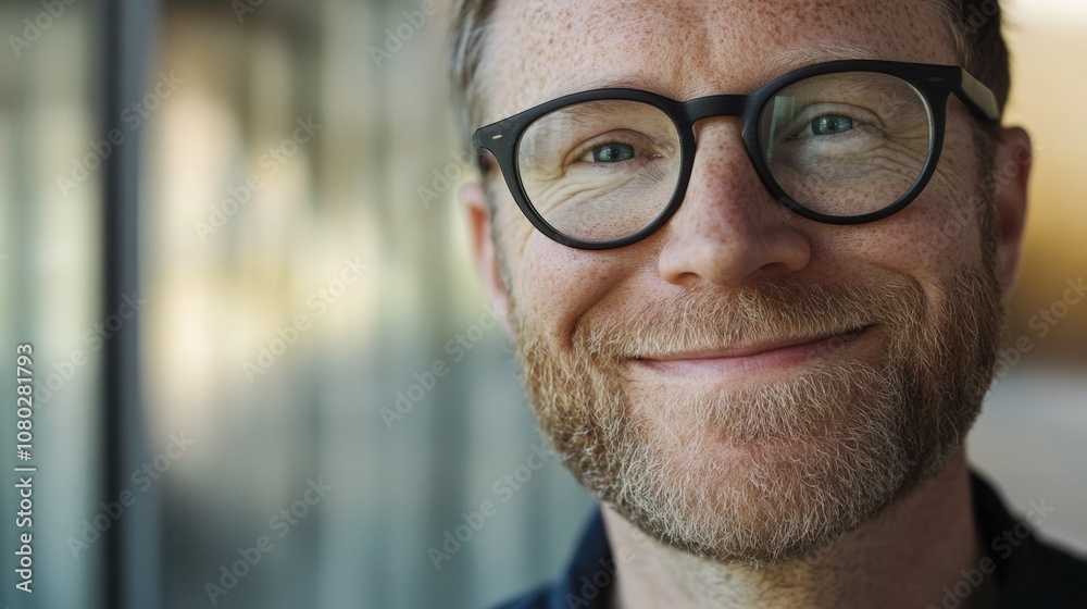 Close-up of a man with freckles and glasses smiling, softly lit, simple blurred backdrop, Close-up of a man with freckles and glasses smiling, softly lit, simple blurred backdrop,