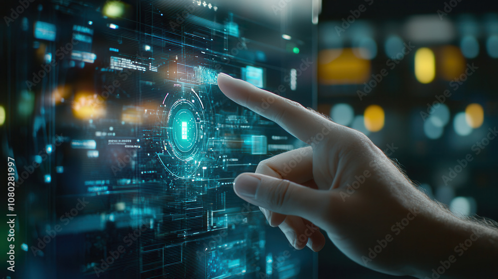 close up of finger tapping on futuristic touchscreen interface, showcasing advanced technology and digital data visualization. scene conveys sense of innovation and interaction