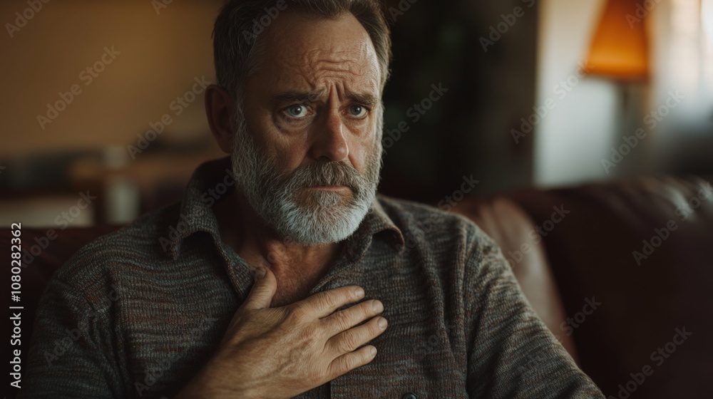 Older man with a beard clutching his chest with a concerned look, seated on a sofa in a cozy living room setting with soft, natural lighting Older man with a beard clutching his chest with a concerned look, seated on a sofa in a cozy living room setting with soft, natural lighting