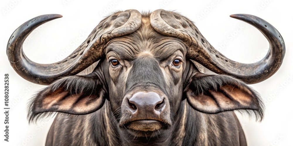 Majestic Buffalo Portrait with Striking Horns on a Clean White Background, Capturing the Essence of Wildlife and Nature in Stunning Detail for Stock Photography Needs Majestic Buffalo Portrait with Striking Horns on a Clean White Background, Capturing the Essence of Wildlife and Nature in Stunning Detail for Stock Photography Needs