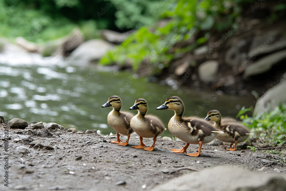 A group of ducklings following their mother in a line, showcasing their cuteness and unity. Ducklings waddling behind mom.
A group of ducklings following their mother in a line, showcasing their cuteness and unity. Ducklings waddling behind mom.