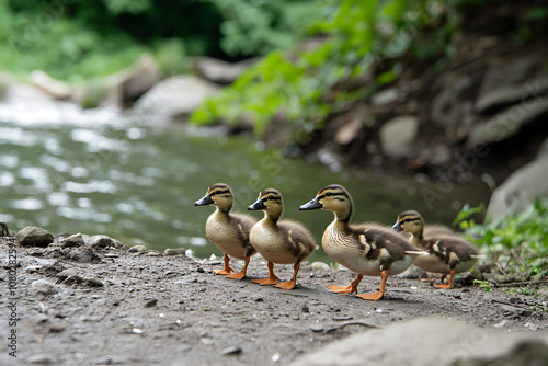 A group of ducklings following their mother in a line, showcasing their cuteness and unity. Ducklings waddling behind mom.


 photo