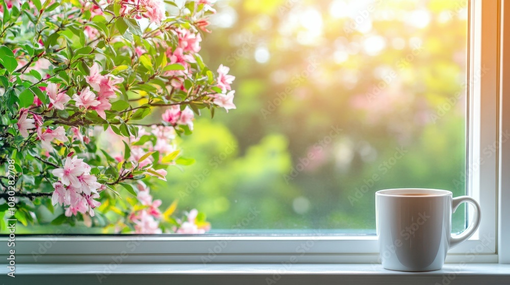 Morning coffee cup on a windowsill with blooming flowers outside, bright spring sunlight Morning coffee cup on a windowsill with blooming flowers outside, bright spring sunlight