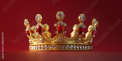 A Golden Crown with Red and White Gems on a Red Background