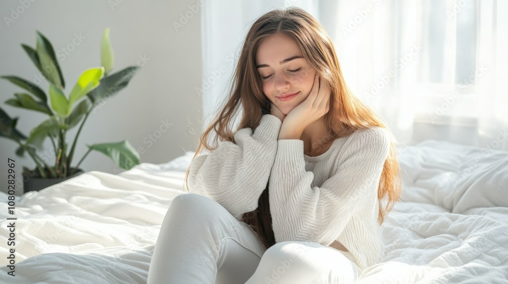 young woman with long hair sitting on a white bed, hugging her knees with closed eyes, early morning light, minimalist bedroom decor with light tones young woman with long hair sitting on a white bed, hugging her knees with closed eyes, early morning light, minimalist bedroom decor with light tones