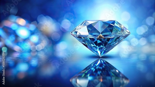 Blue diamond gem on reflective blue background with soft focus, panoramic view