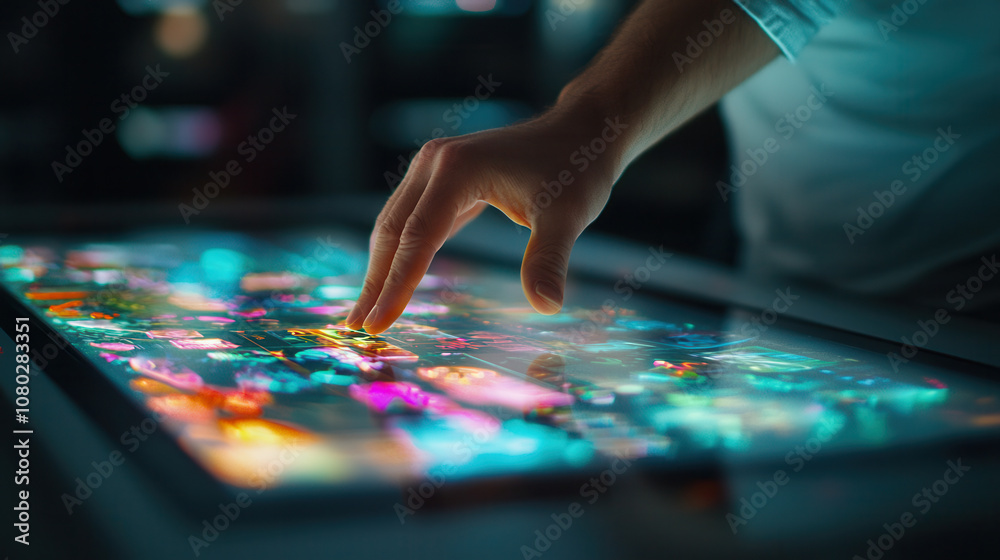 Fototapeta premium close up of hand interacting with digital holographic display, showcasing vibrant images and colors. scene conveys sense of innovation and technology