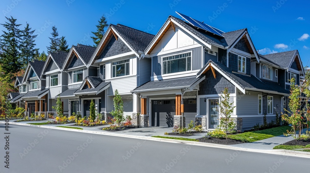 A street view of stylish homes with sloping roofs and solar panels, surrounded by meticulously maintained gardens, reflecting eco-conscious and modern living designs. A street view of stylish homes with sloping roofs and solar panels, surrounded by meticulously maintained gardens, reflecting eco-conscious and modern living designs.