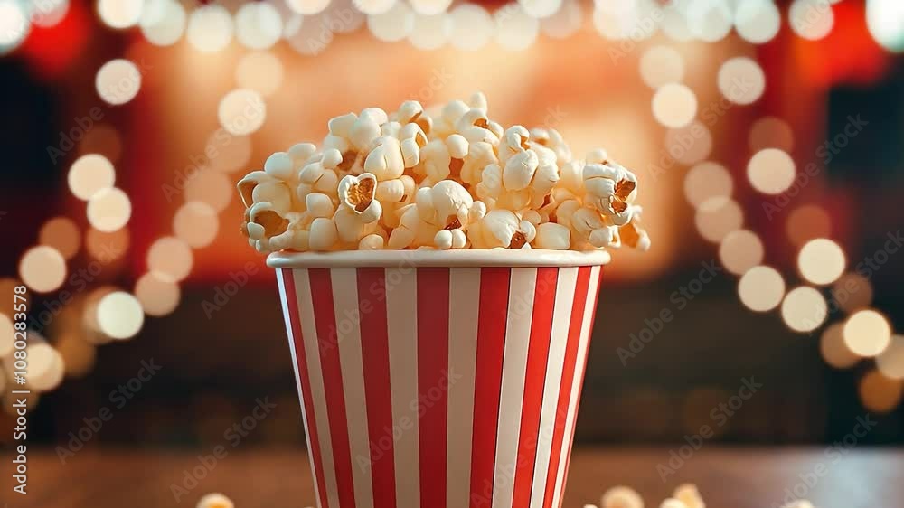 Close up image of a red and white striped popcorn cup with lots of popcorn in a movie theater	
