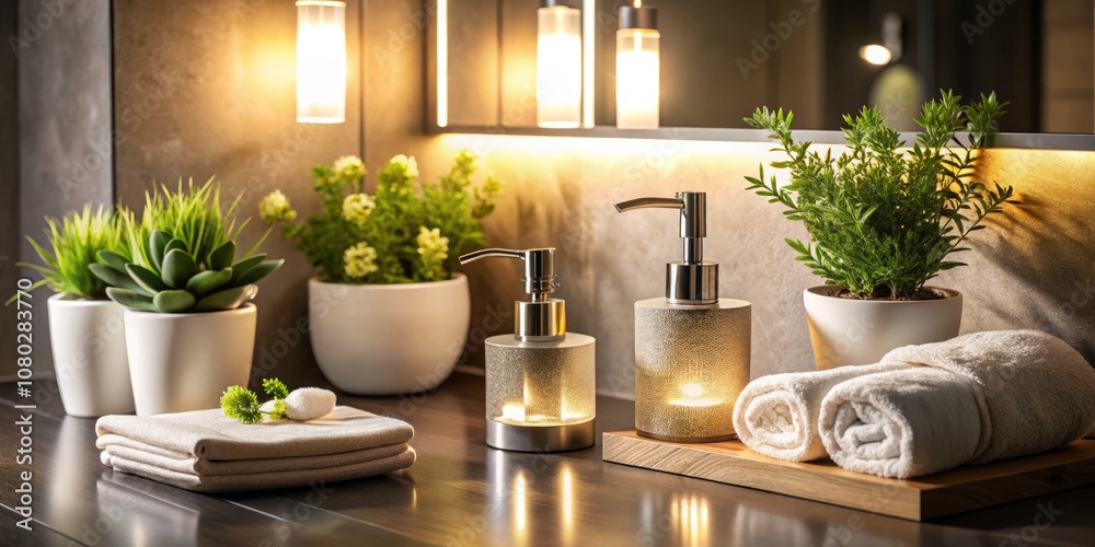 Modern Bathroom Accessories in a Serene Natural Setting with Soft Glow and Elegant Design for Relaxation and Comfort in Contemporary Home Decor Modern Bathroom Accessories in a Serene Natural Setting with Soft Glow and Elegant Design for Relaxation and Comfort in Contemporary Home Decor