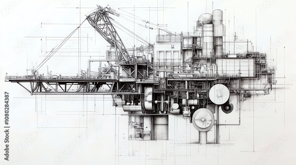 Obraz premium Industrial architectural drawing of complex structure with cranes and machinery, showcasing intricate details and engineering design