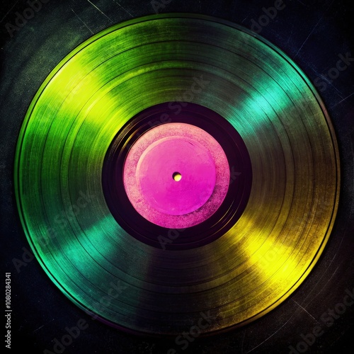 An Old and Worn Vinyl Record Showcasing Vibrant Colors on a Black Background. Generative AI photo