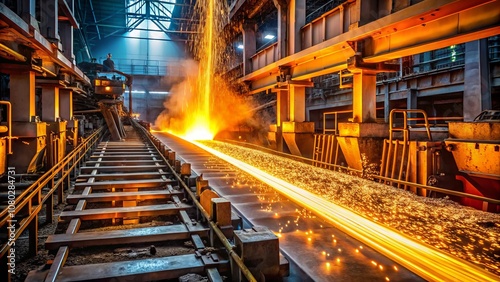 Molten Metal Pouring onto Conveyor Belt in Industrial Factory Setting, Capturing the Intensity of Metalwork Processes and Manufacturing Efficiency in a Dynamic Environment