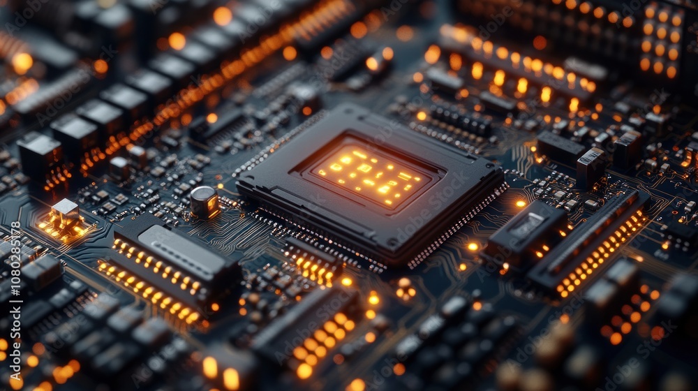 Close-up of a circuit board with glowing components and microchip. Close-up of a circuit board with glowing components and microchip.