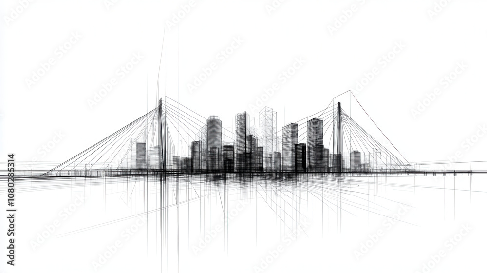 Fototapeta premium Modern city skyline with grand suspension bridge in architectural design. intricate lines and structures create dynamic visual representation of urban life