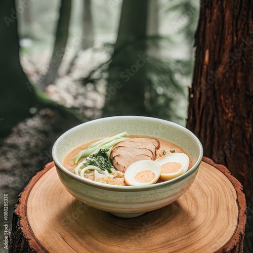 Enjoying a Bowl of Rich Tori Paitan Ramen Amidst Serene Forest Surroundings. Generative AI photo