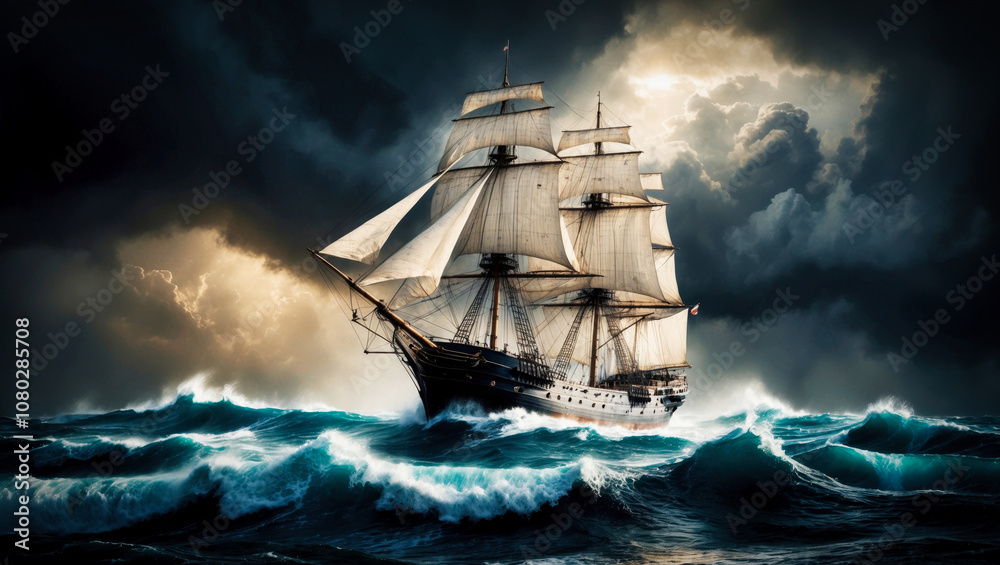 Obraz premium Atmospheric composition depicting a large sailing ship navigating through a turbulent sea
