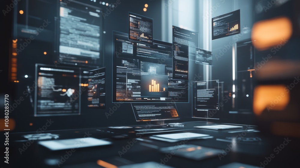 Concept of assembling a web page from modules that fly around the display. The web design studio concept page is on the display Concept of assembling a web page from modules that fly around the display. The web design studio concept page is on the display