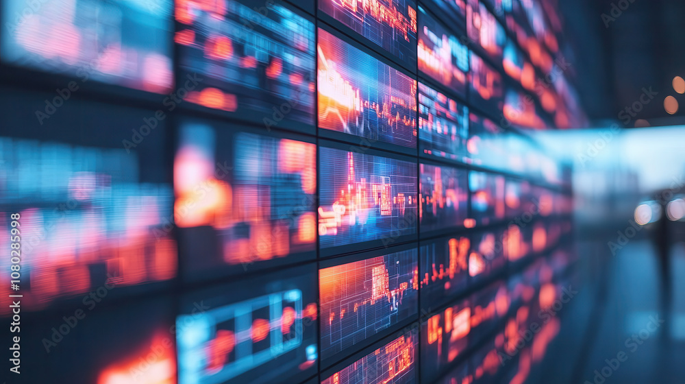 futuristic digital display wall showcasing vibrant data visualizations and graphs, creating high tech atmosphere. colors are bright and engaging, emphasizing technology and innovation