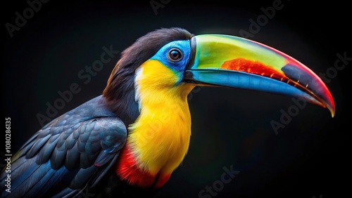 Blue beaked toucan on black background isolated in close-up photo