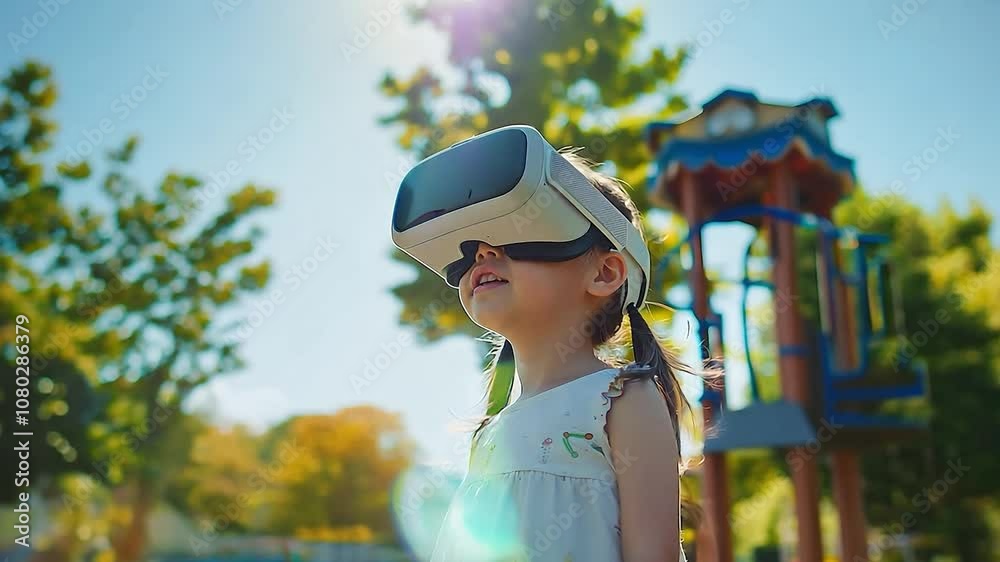 A little girl with VR headset using AI artificial intelligence technology while playing at playground