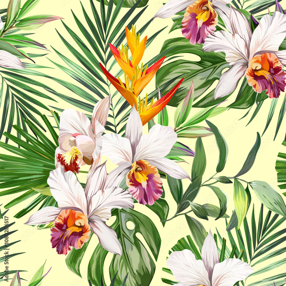 Obraz premium Tropical pattern. Paradise plants and flowers. Hawaiian pattern. Exotic, tropics