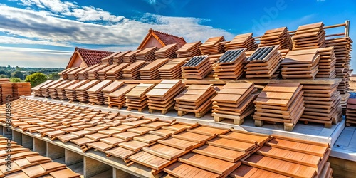 Preparation for Laying Roof Ceramic Tiles: Arranged Packets on Battens for a Boarded Roof Installation, Showcasing the Roofing Process and Material Organization