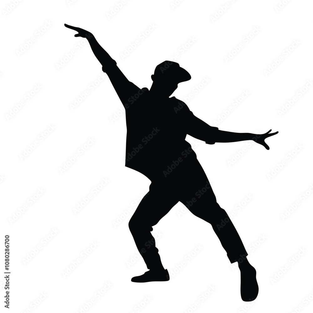 A man is dancing in the air. He is wearing a hat. The man is wearing a black shirt