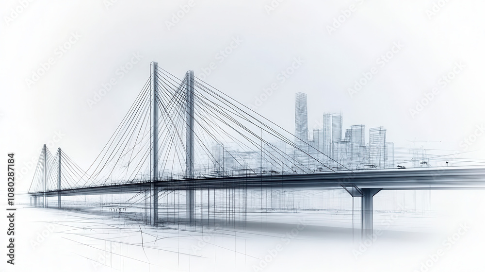 Obraz premium Modern suspension bridge with city skyline in background, showcasing architectural design and engineering. image captures sleek, minimalist aesthetic