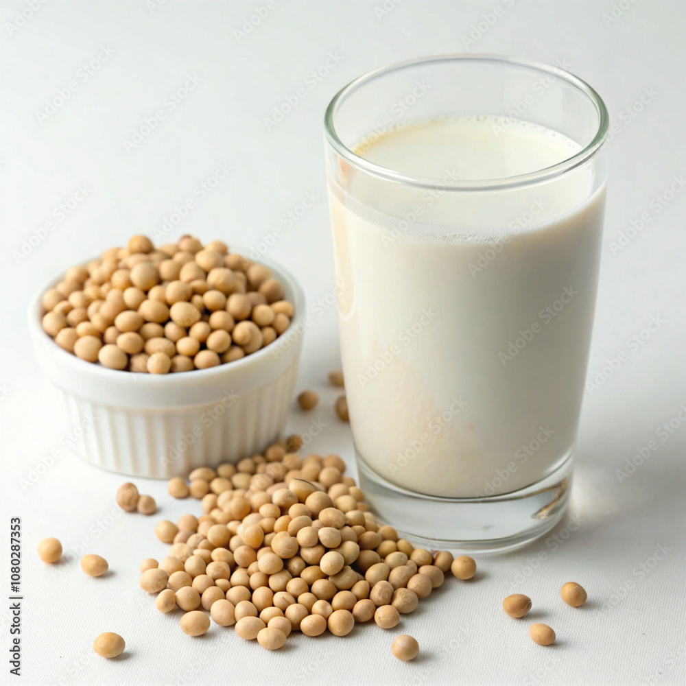 A simple presentation of soy milk in a glass with soybeans spread nearby, highlighting the natural ingredients and freshness. A simple presentation of soy milk in a glass with soybeans spread nearby, highlighting the natural ingredients and freshness.