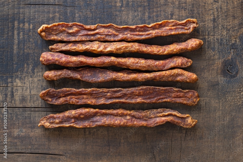A pile of crispy bacon sits on a wooden table, ready for consumption A pile of crispy bacon sits on a wooden table, ready for consumption
