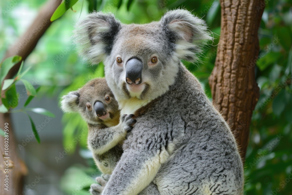Naklejka premium Mother Koala Holding Her Joey in a Lush Green Forest