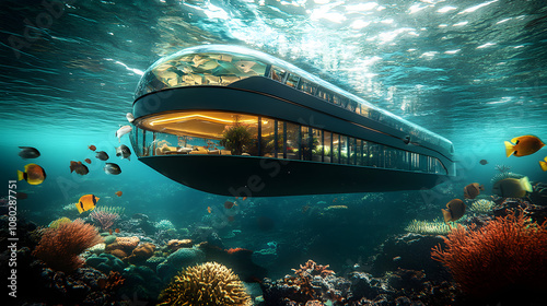 A luxurious yacht equipped with a glass-bottom lounge area allowing guests to view the marine life below as they sail.