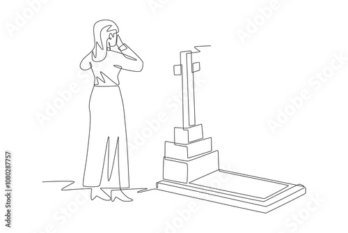 Woman cries during grave pilgrimage. Funeral concept one-line drawing
