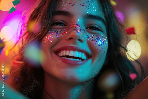 A woman with sparkly makeup and decorations on her face