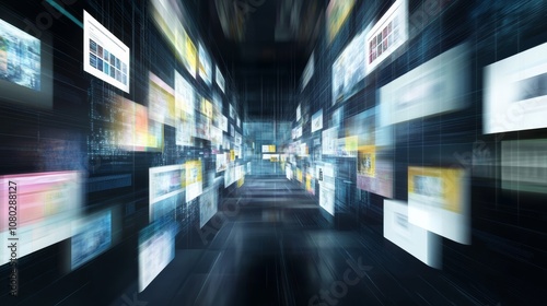 Concept of assembling a web page from modules that fly around the display. The web design studio concept page is on the display