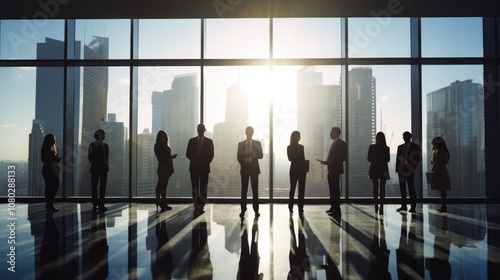 Silhouetted businesspeople gather in a sleek high-rise, exuding professionalism and ambition against a cityscape drenched in golden light.