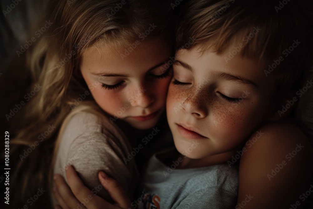 Two kids embracing each other, possibly siblings or friends, in a tender moment Two kids embracing each other, possibly siblings or friends, in a tender moment