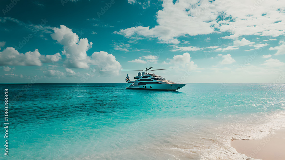 A luxury helicopter landing on a yacht in the middle of a tropical sea. A luxury helicopter landing on a yacht in the middle of a tropical sea.