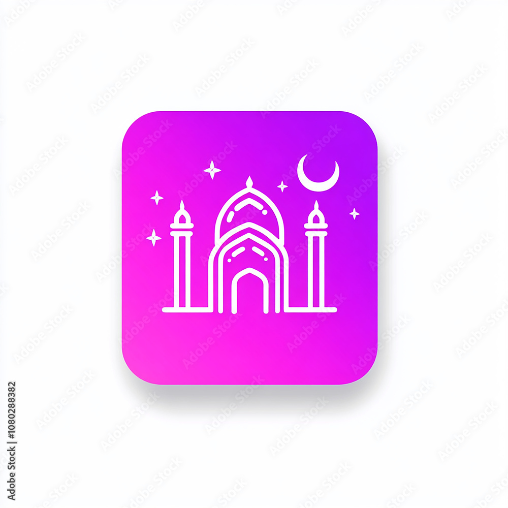 White mosque icon on pink and purple gradient background with moon and stars. White mosque icon on pink and purple gradient background with moon and stars.