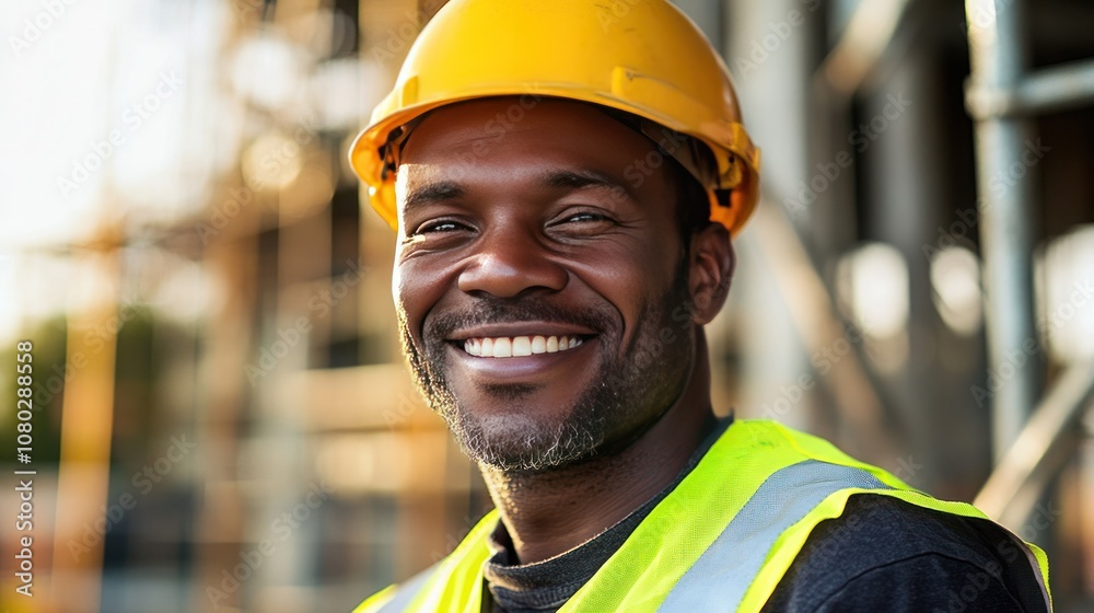 a smiling construction worker wearing a bright yellow hard hat and a reflective safety vest, standing on a construction site a smiling construction worker wearing a bright yellow hard hat and a reflective safety vest, standing on a construction site