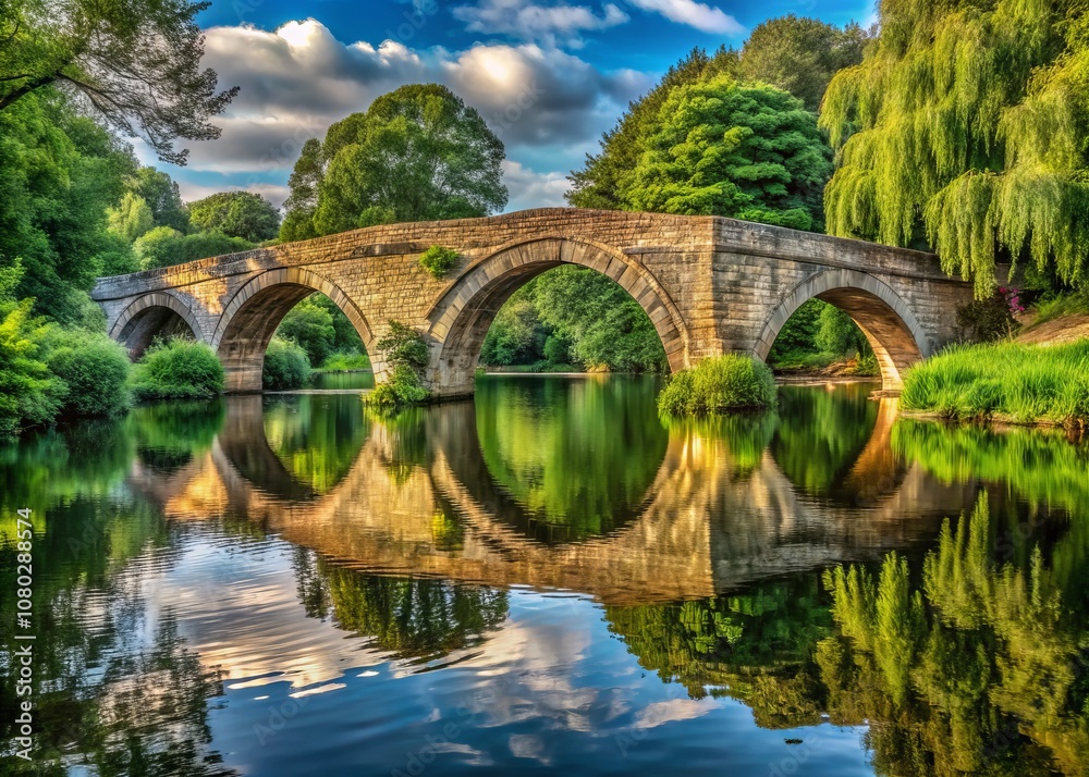 Serene Reflection of a Majestic Stone Bridge with Three Arches Over a Tranquil River in Panoramic View Capturing Nature's Beauty and Architectural Elegance Serene Reflection of a Majestic Stone Bridge with Three Arches Over a Tranquil River in Panoramic View Capturing Nature's Beauty and Architectural Elegance