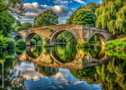 Serene Reflection of a Majestic Stone Bridge with Three Arches Over a Tranquil River in Panoramic View Capturing Nature's Beauty and Architectural Elegance