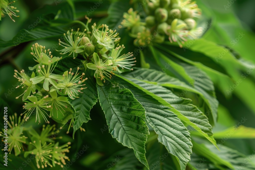 A bouquet of colorful flowers grows from the branches of a tree, with leaves and stems visible A bouquet of colorful flowers grows from the branches of a tree, with leaves and stems visible