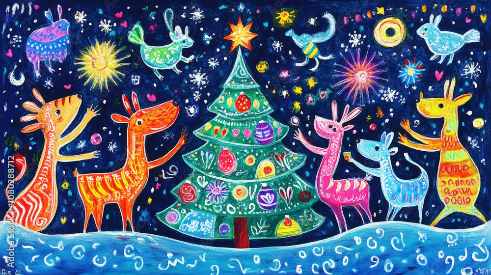 Children's hand-drawn illustration of Christmas night with dancing animals near the New Year tree. Generative AI Children's hand-drawn illustration of Christmas night with dancing animals near the New Year tree. Generative AI