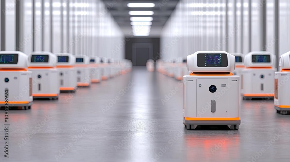 Robotic assistants in a modern warehouse, automated logistics and efficiency. Robotic assistants in a modern warehouse, automated logistics and efficiency.