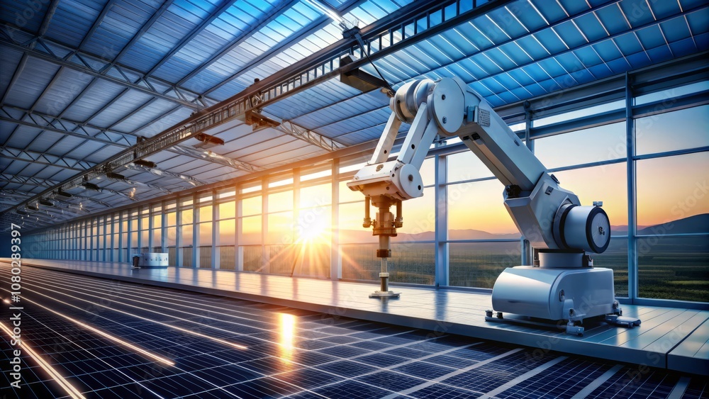 Silhouette of a Modern Automated Manufacturing Facility with a White Industrial Robot Arm Assembling Solar Panels on a Bright Production Line Conveying Efficiency and Innovation Silhouette of a Modern Automated Manufacturing Facility with a White Industrial Robot Arm Assembling Solar Panels on a Bright Production Line Conveying Efficiency and Innovation