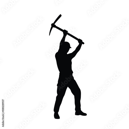 A man is holding a pickaxe and is wearing a hard hat. He is standing on a white background